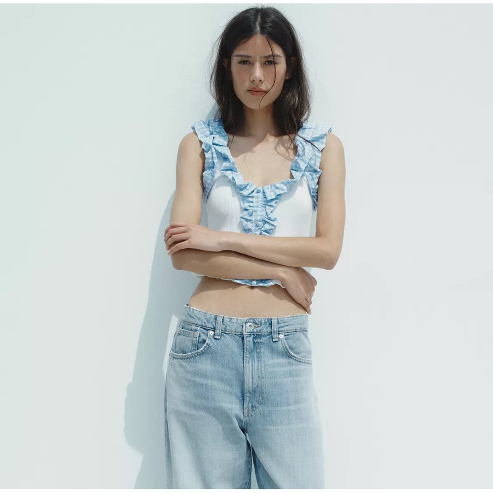 New Zara Ribbed Gingham Top in Oyster White - Large